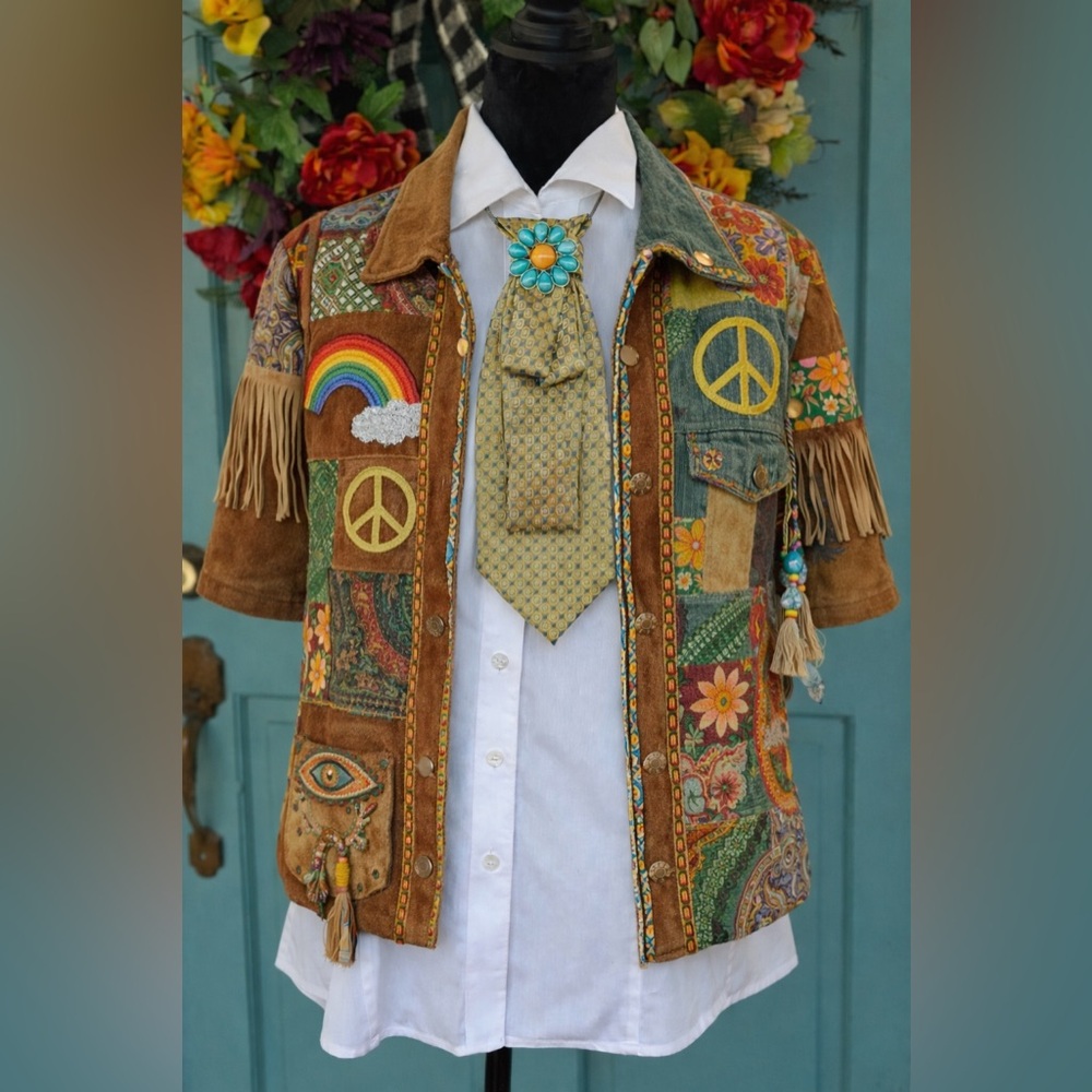 1960’s Flower Power Necktie Necklace Valentino Ricci Milano OOAK Brooch & Chain - Picture 2 of 10